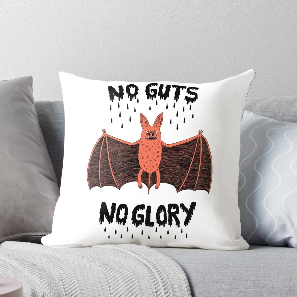 Bold and fearless vampire-themed pillow with a striking "No Guts No Glory" design.