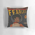 Fearless sci-fi-inspired pillow featuring an astronaut woman against a black and orange textured background with hand-lettered typography.