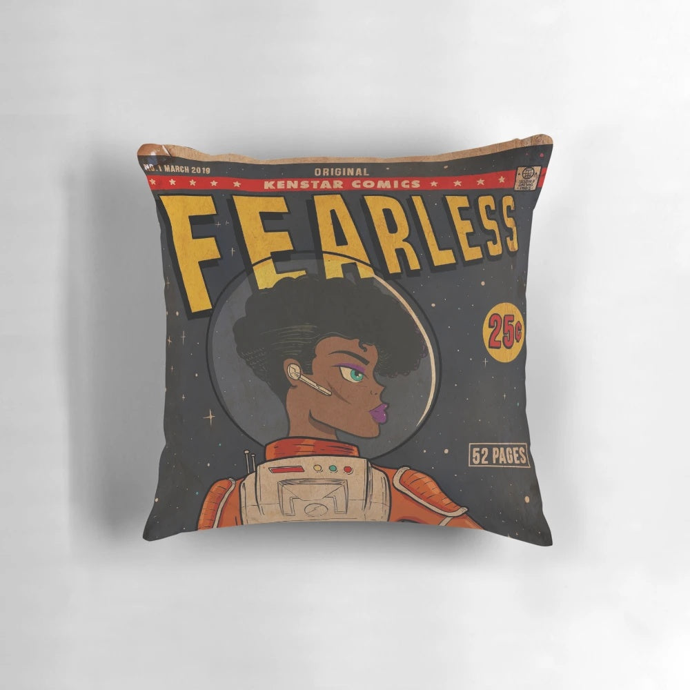 Fearless sci-fi-inspired pillow featuring an astronaut woman against a black and orange textured background with hand-lettered typography.