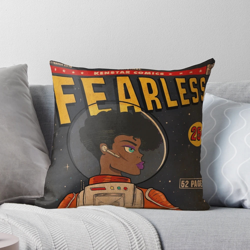 Fearless sci-fi-inspired pillow featuring an astronaut woman against a black and orange textured background with hand-lettered typography.