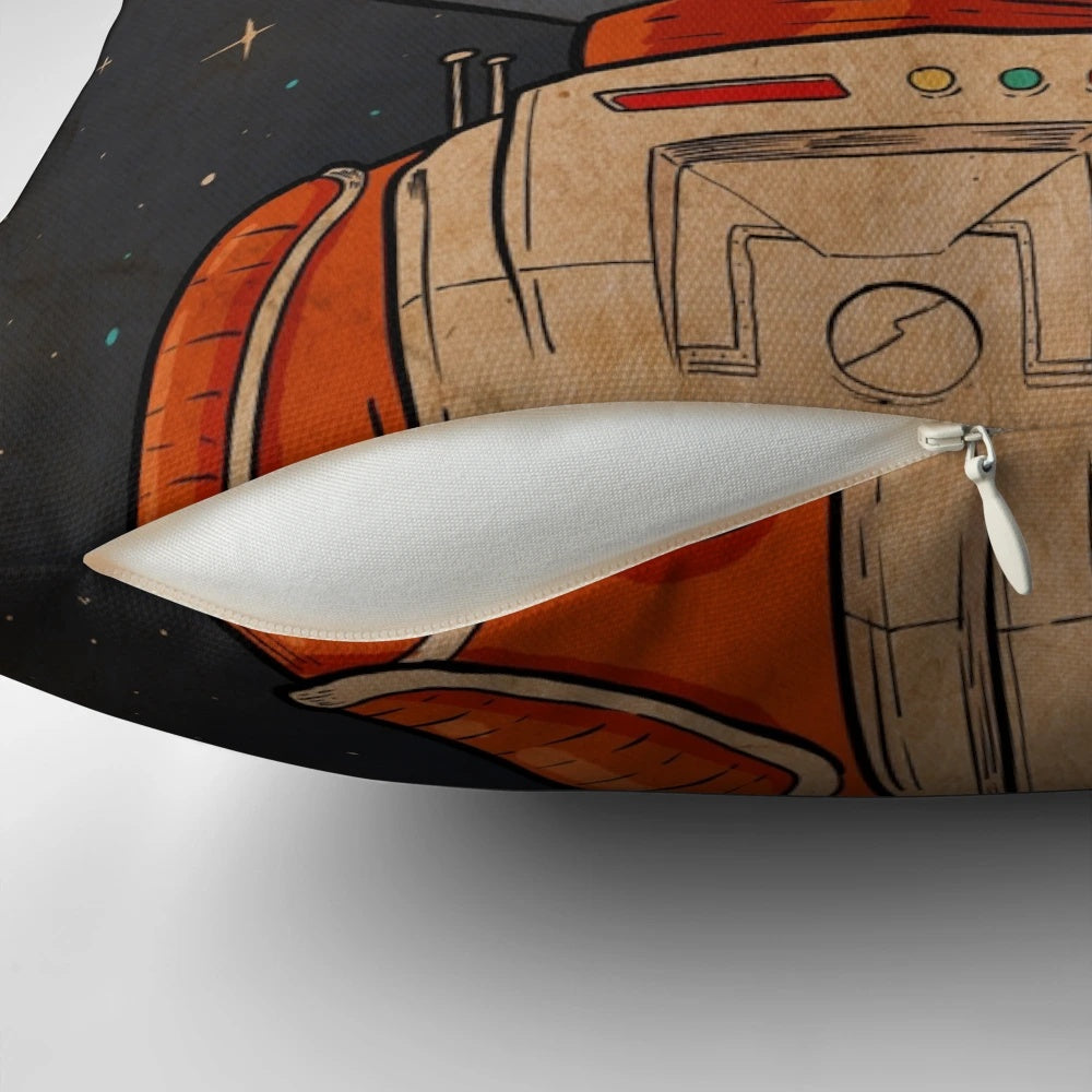 Fearless sci-fi-inspired pillow featuring an astronaut woman against a black and orange textured background with hand-lettered typography.