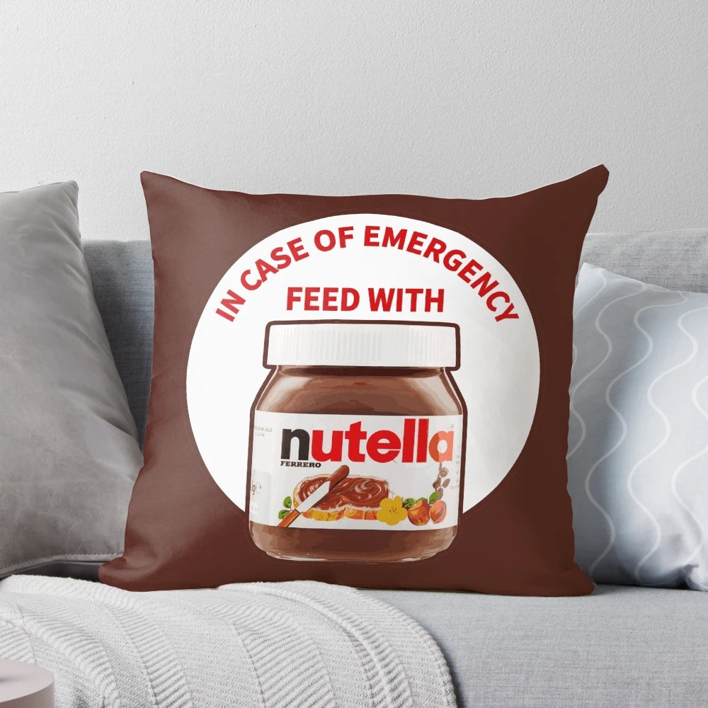 Comical Pillow with "In Case of Emergency Feed with Nutella" Printed on It