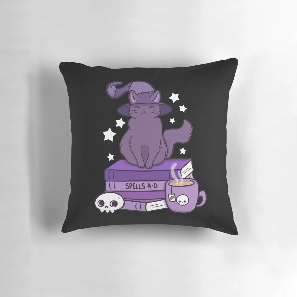 Feline Familiar Black Pillow featuring a black cat surrounded by occult and witchcraft symbols