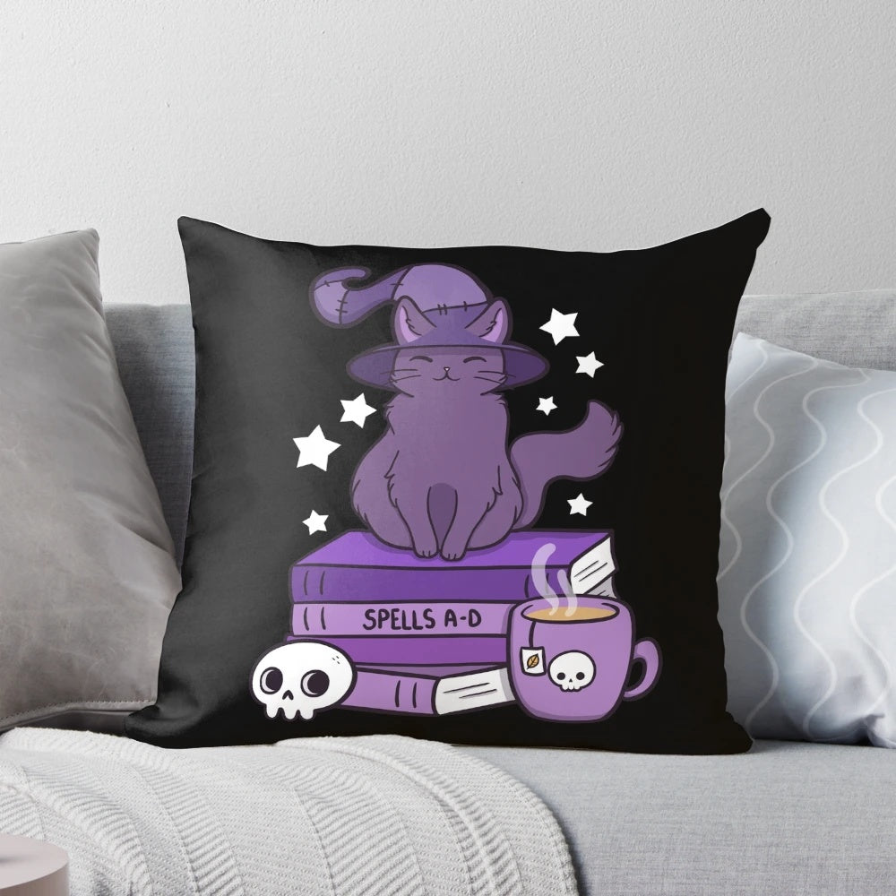 Feline Familiar Black Pillow featuring a black cat surrounded by occult and witchcraft symbols