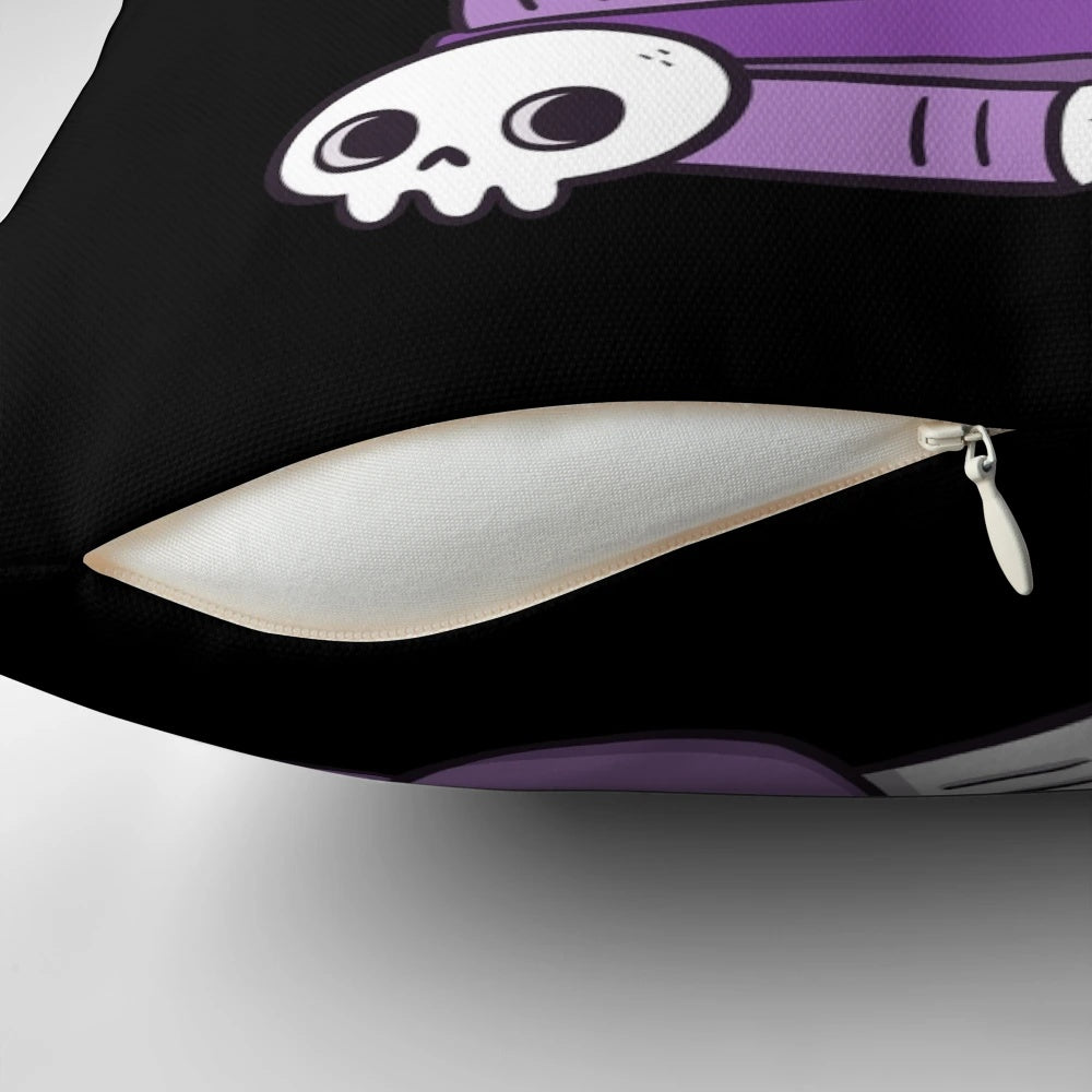 Feline Familiar Black Pillow featuring a black cat surrounded by occult and witchcraft symbols