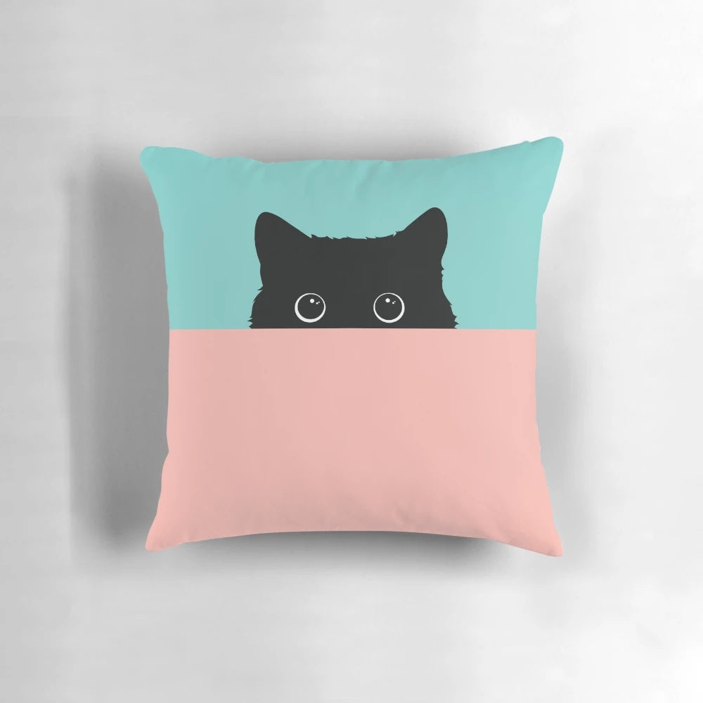A throw pillow featuring a peeping black cat in a retro color combination, perfect for cat lovers and crazy cat ladies.