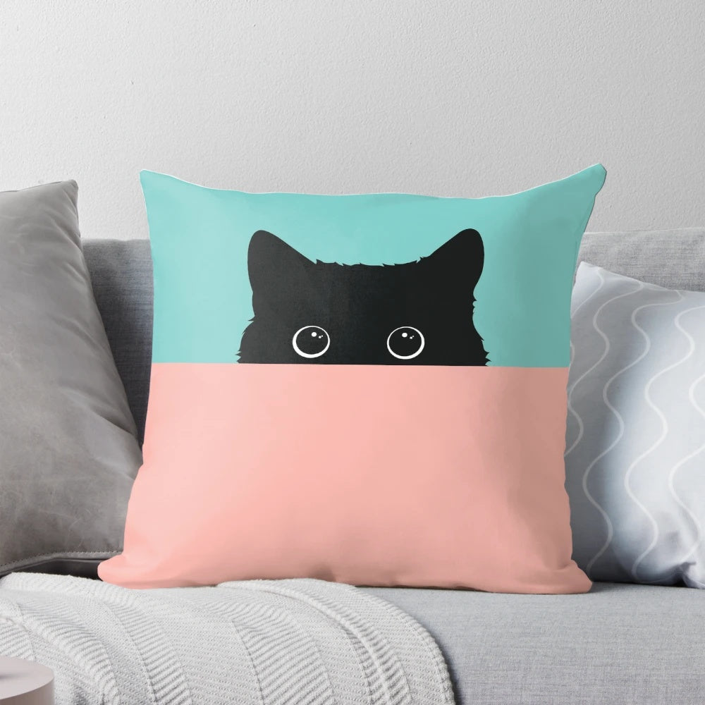 A throw pillow featuring a peeping black cat in a retro color combination, perfect for cat lovers and crazy cat ladies.