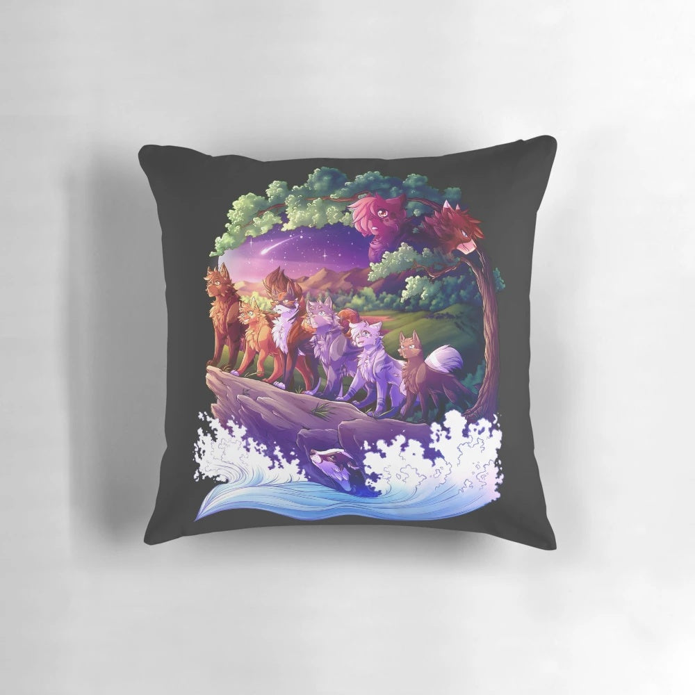 Plush warrior cat-themed pillow with a nature-inspired river spirit design