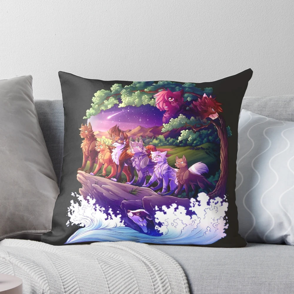 Plush warrior cat-themed pillow with a nature-inspired river spirit design