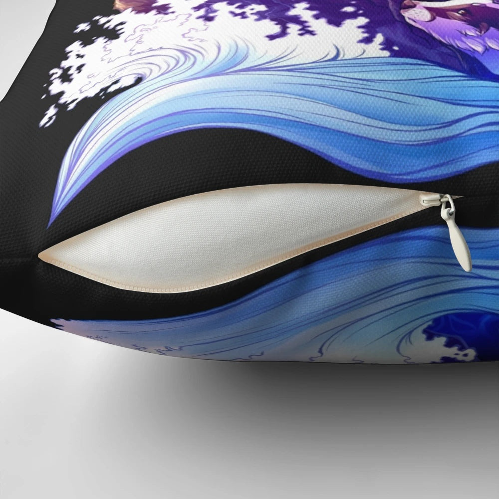 Plush warrior cat-themed pillow with a nature-inspired river spirit design