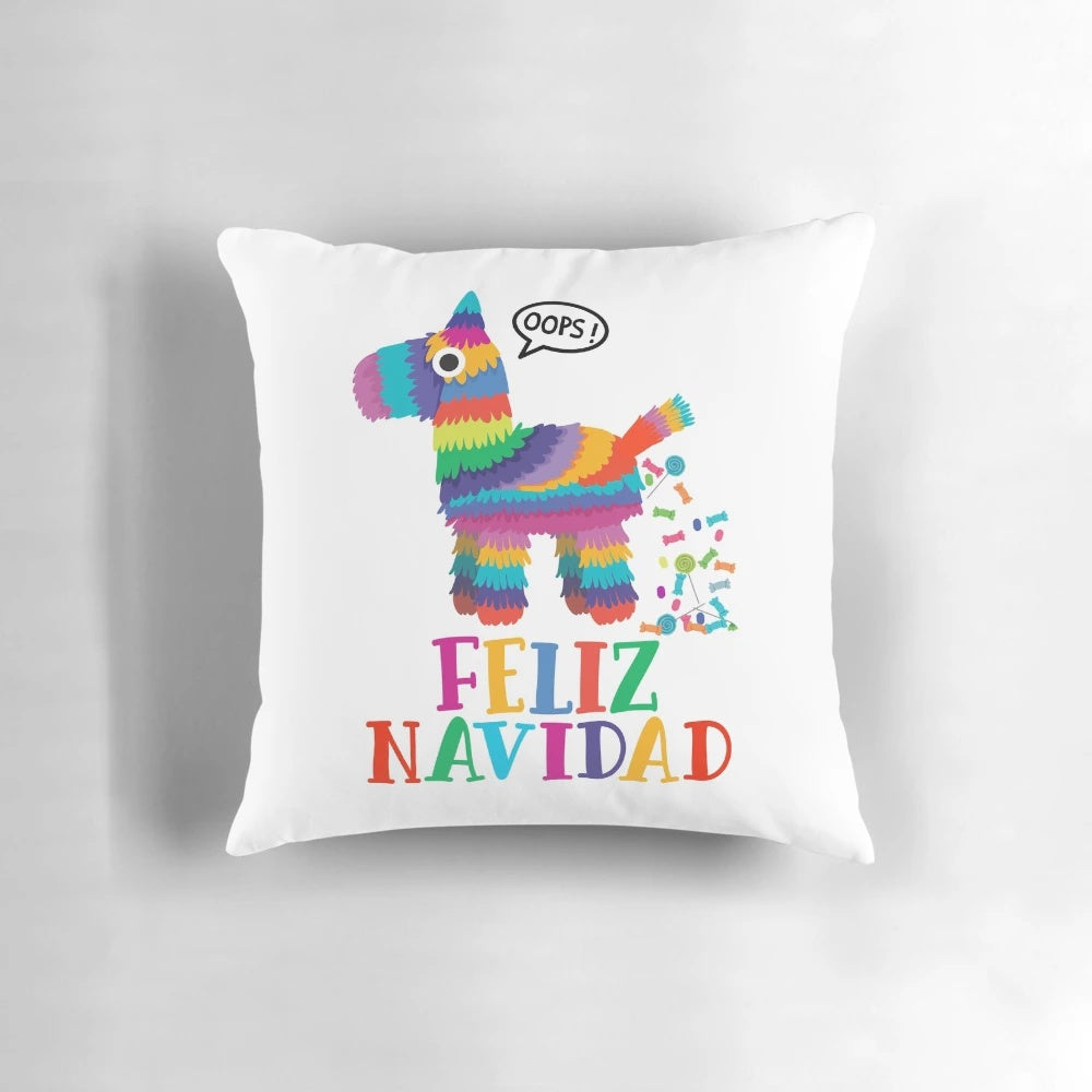Vibrant Mexican piñata-inspired Christmas pillow with the phrase "Feliz Navidad" written in a festive font.