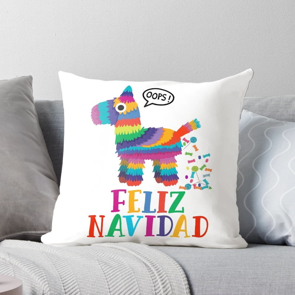 Vibrant Mexican piñata-inspired Christmas pillow with the phrase "Feliz Navidad" written in a festive font.
