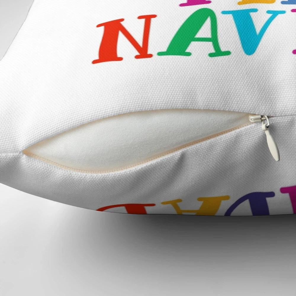 Vibrant Mexican piñata-inspired Christmas pillow with the phrase "Feliz Navidad" written in a festive font.