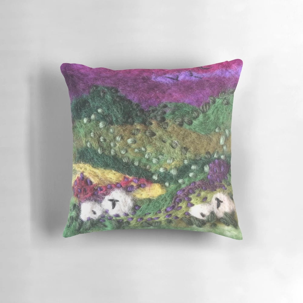 Felted textile art pillow depicting the picturesque North York Moors countryside landscape