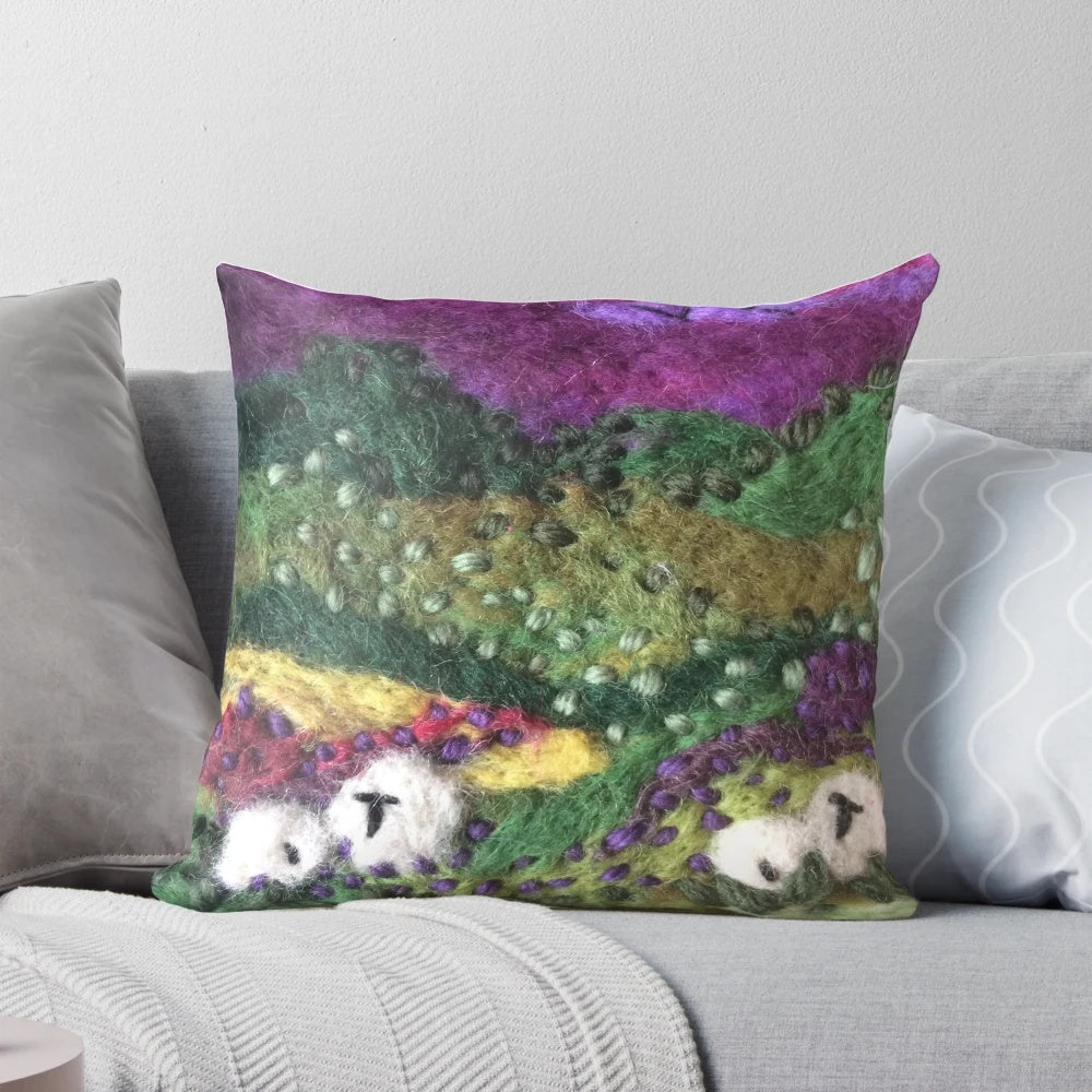 Felted textile art pillow depicting the picturesque North York Moors countryside landscape