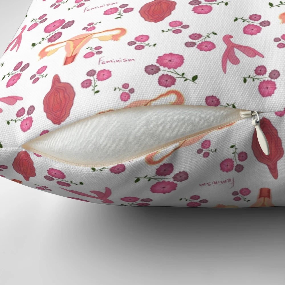 Pillow with illustrations of female anatomy, including the vulva and uterus, representing feminism and women's empowerment.