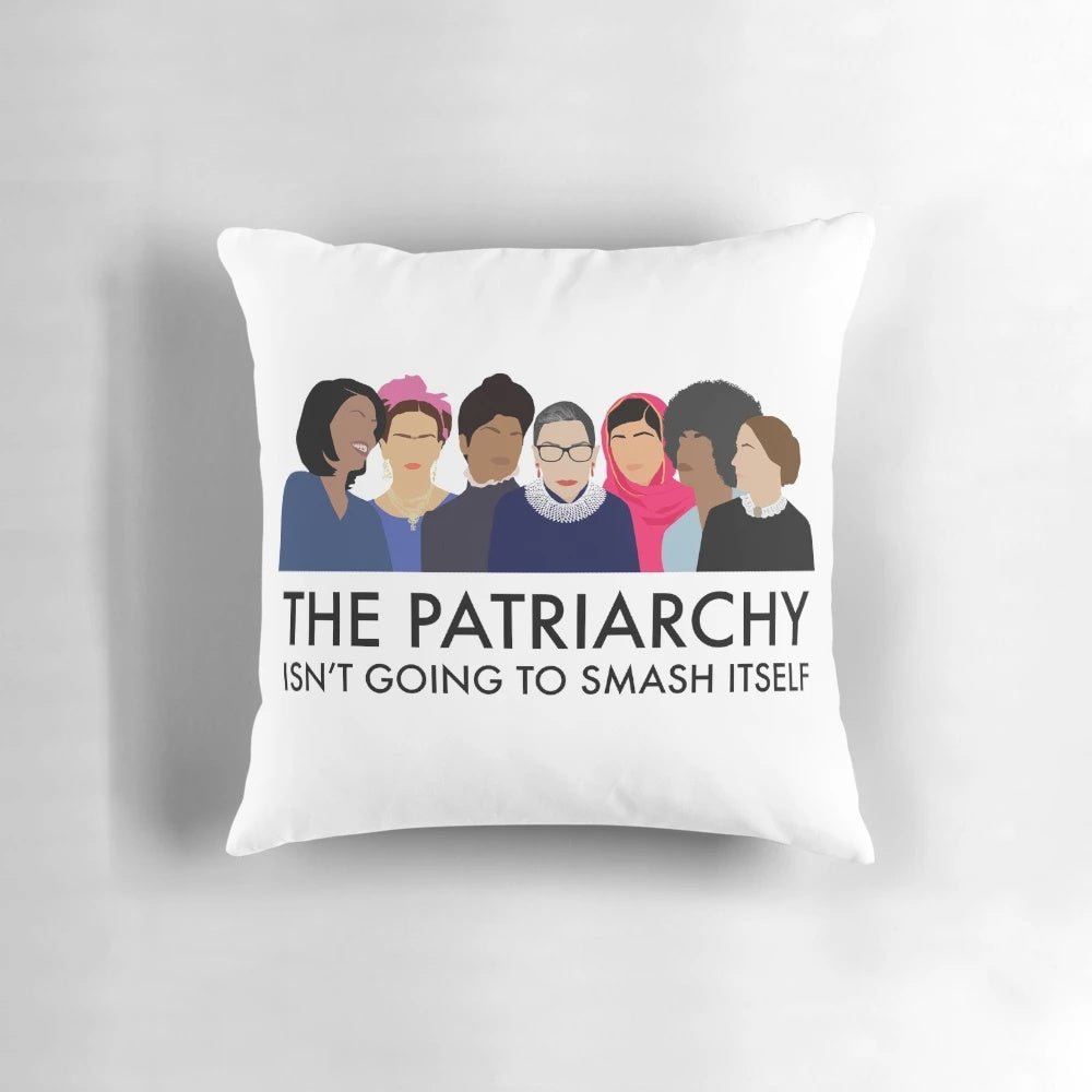 Feminist pillow featuring bold text and iconic imagery to inspire social change.