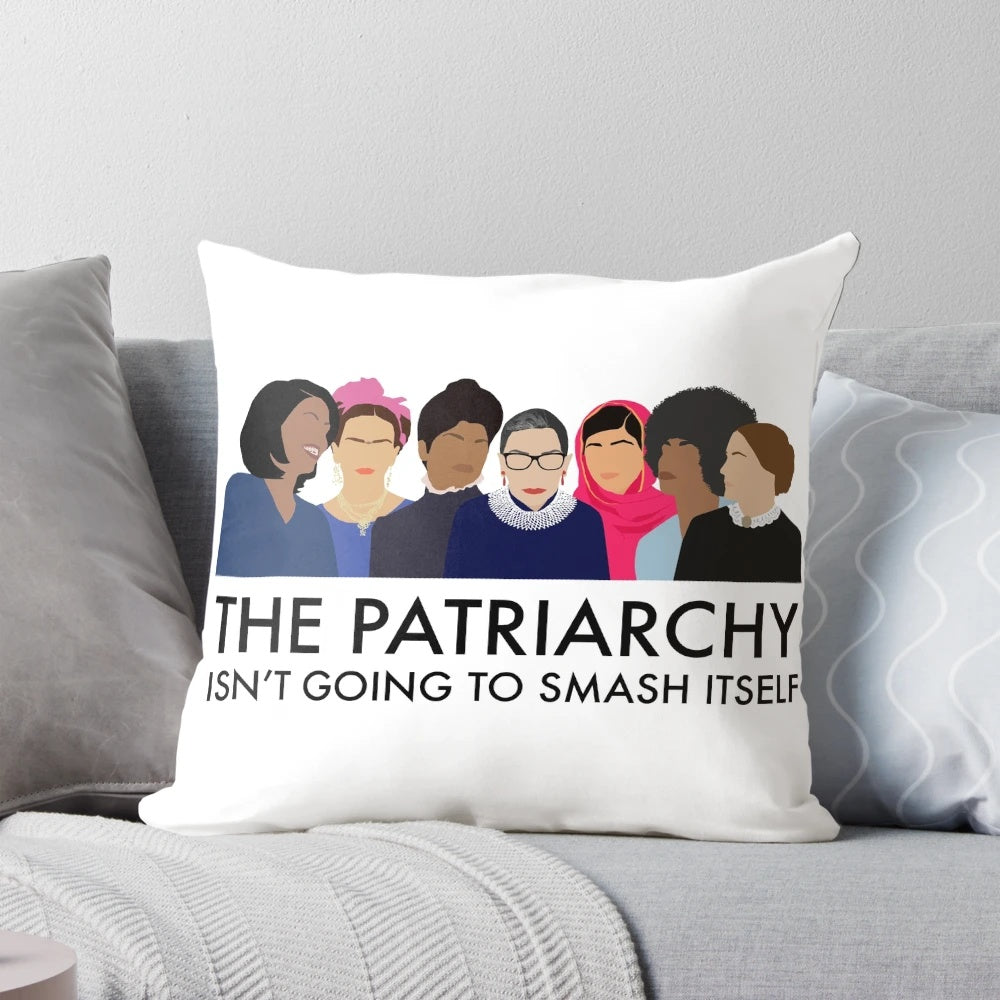 Feminist pillow featuring bold text and iconic imagery to inspire social change.