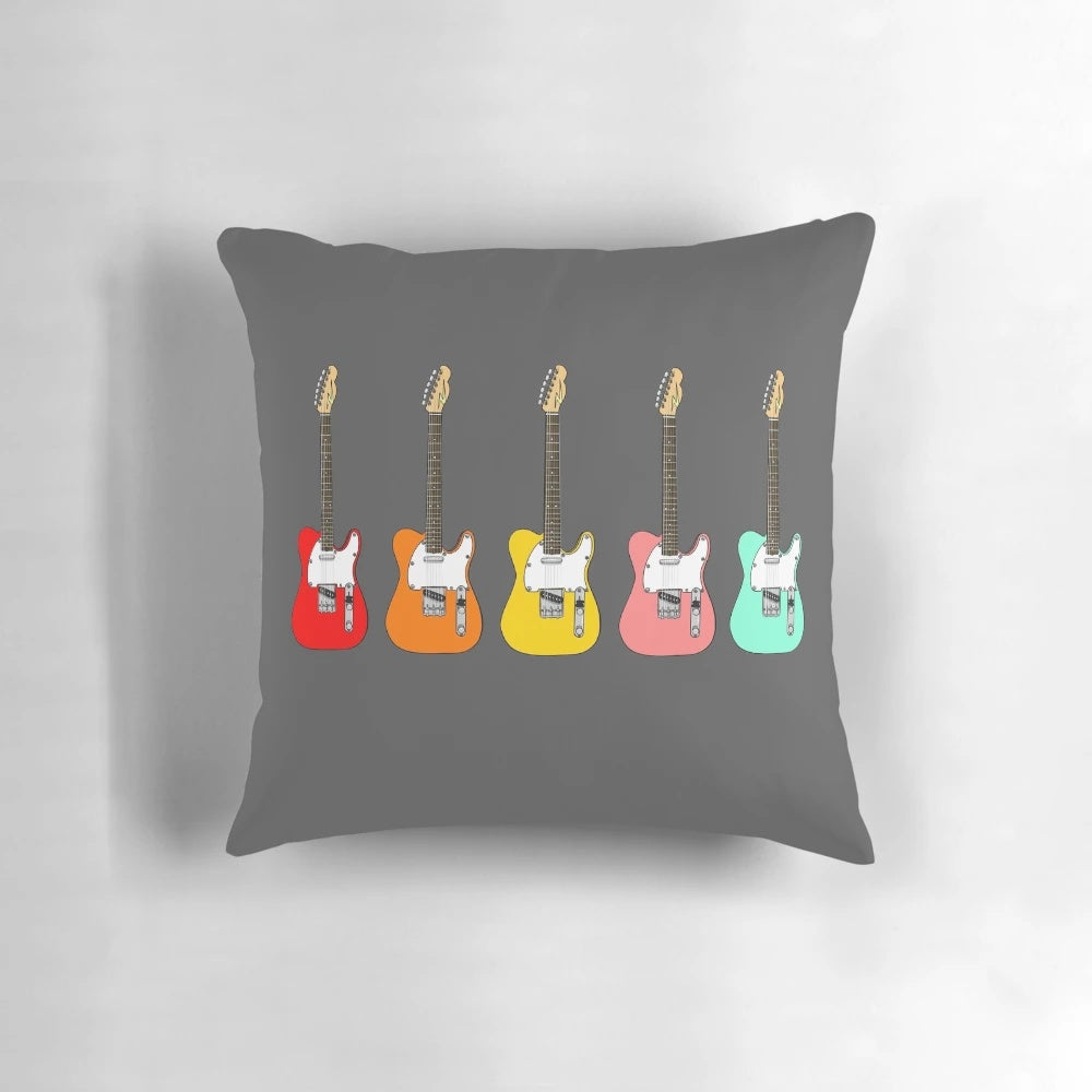 Colorful Fender Telecaster electric guitar cartoon illustration printed on a soft, comfortable pillow for guitar and music lovers.