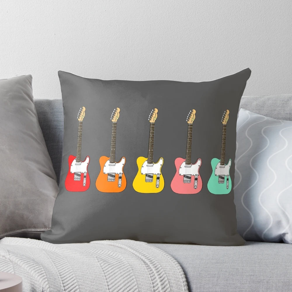 Colorful Fender Telecaster electric guitar cartoon illustration printed on a soft, comfortable pillow for guitar and music lovers.