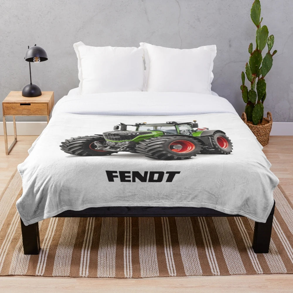 Fendt-inspired plush blanket featuring iconic Fendt tractor design