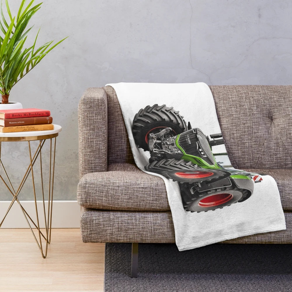 Fendt-inspired plush blanket featuring iconic Fendt tractor design