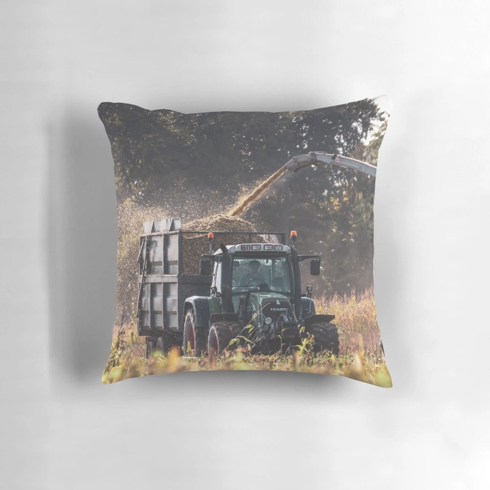 Fendt tractor harvesting silage in the countryside, Pillow with agricultural design