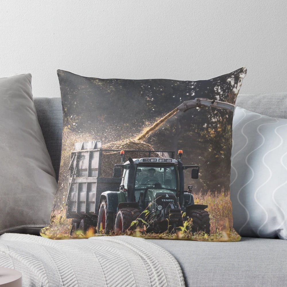 Fendt tractor harvesting silage in the countryside, Pillow with agricultural design