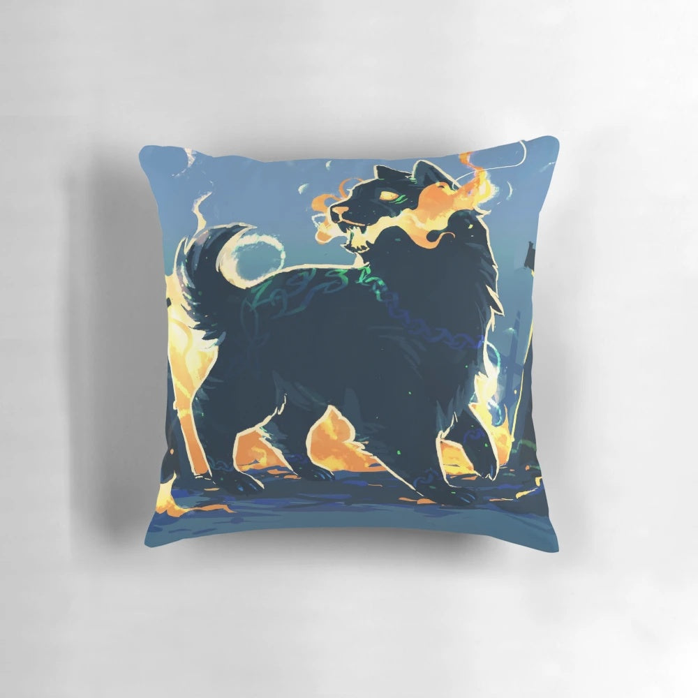 Fenrir, the legendary wolf from Norse mythology, depicted on a plush, high-quality pillow