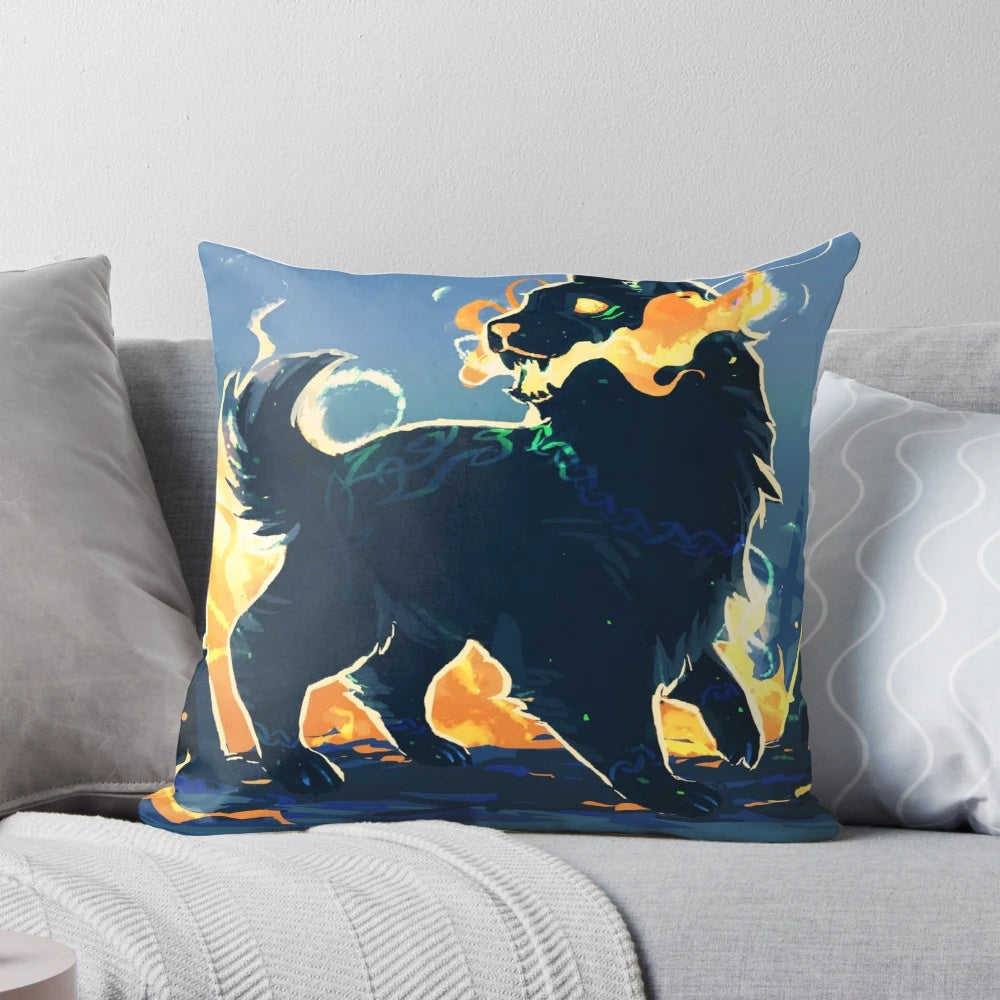 Fenrir, the legendary wolf from Norse mythology, depicted on a plush, high-quality pillow