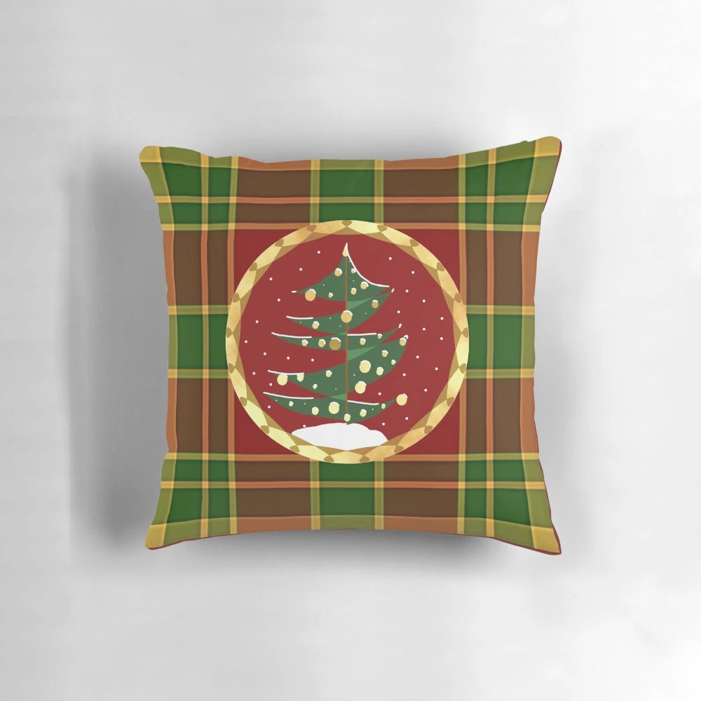Abstract Christmas tree design on a red and green gingham pillow
