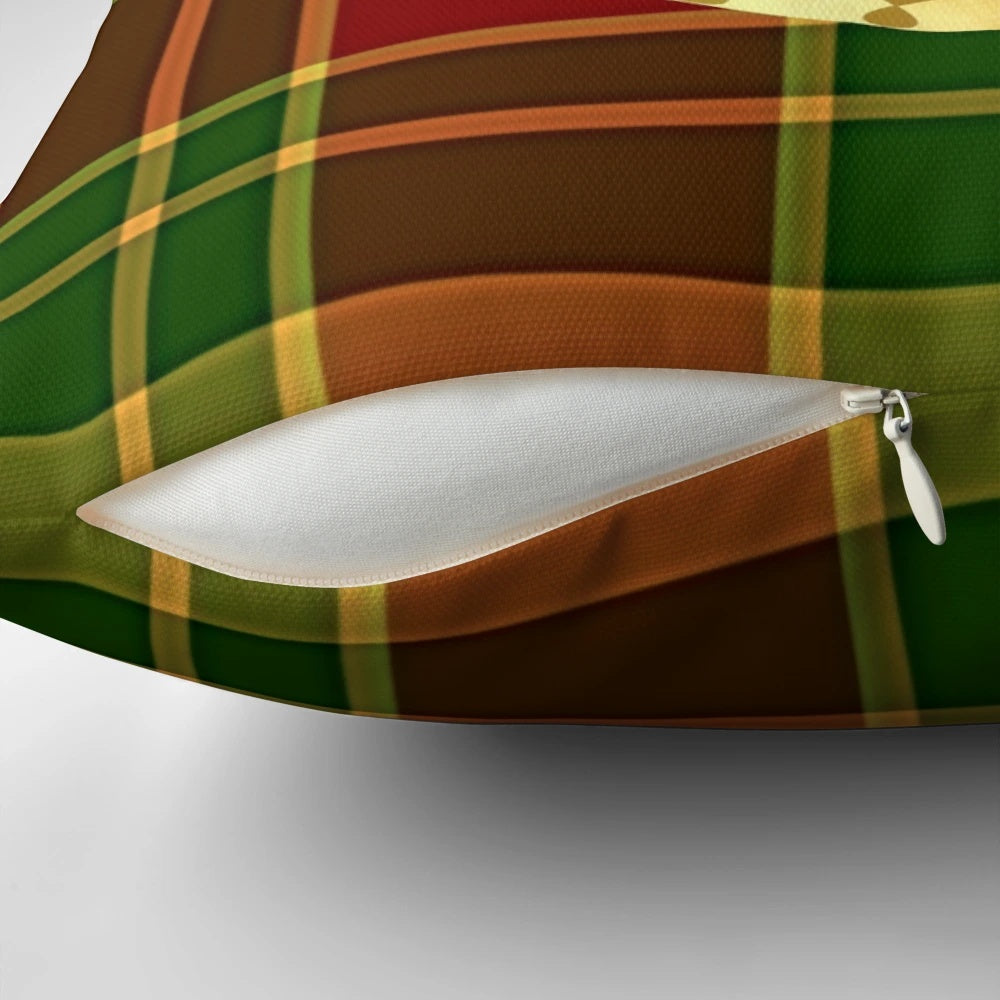 Abstract Christmas tree design on a red and green gingham pillow