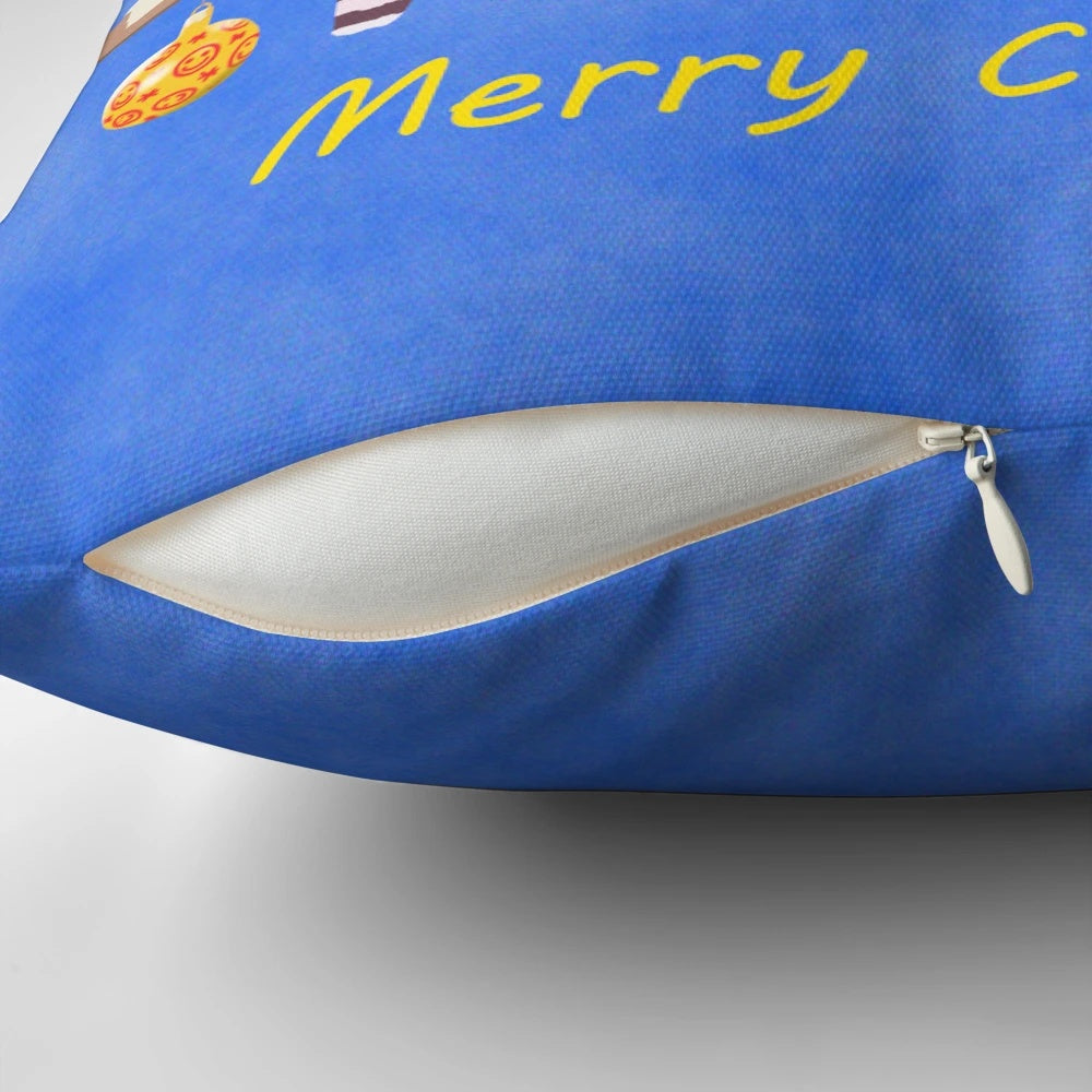 Colorful Christmas pillow featuring a singing kookaburra, a native Australian bird, against a background of holiday carols.