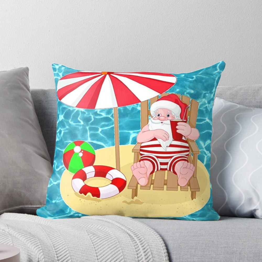 A colorful Pillow featuring a Santa Claus relaxing on a beach with palm trees and a beach ball.