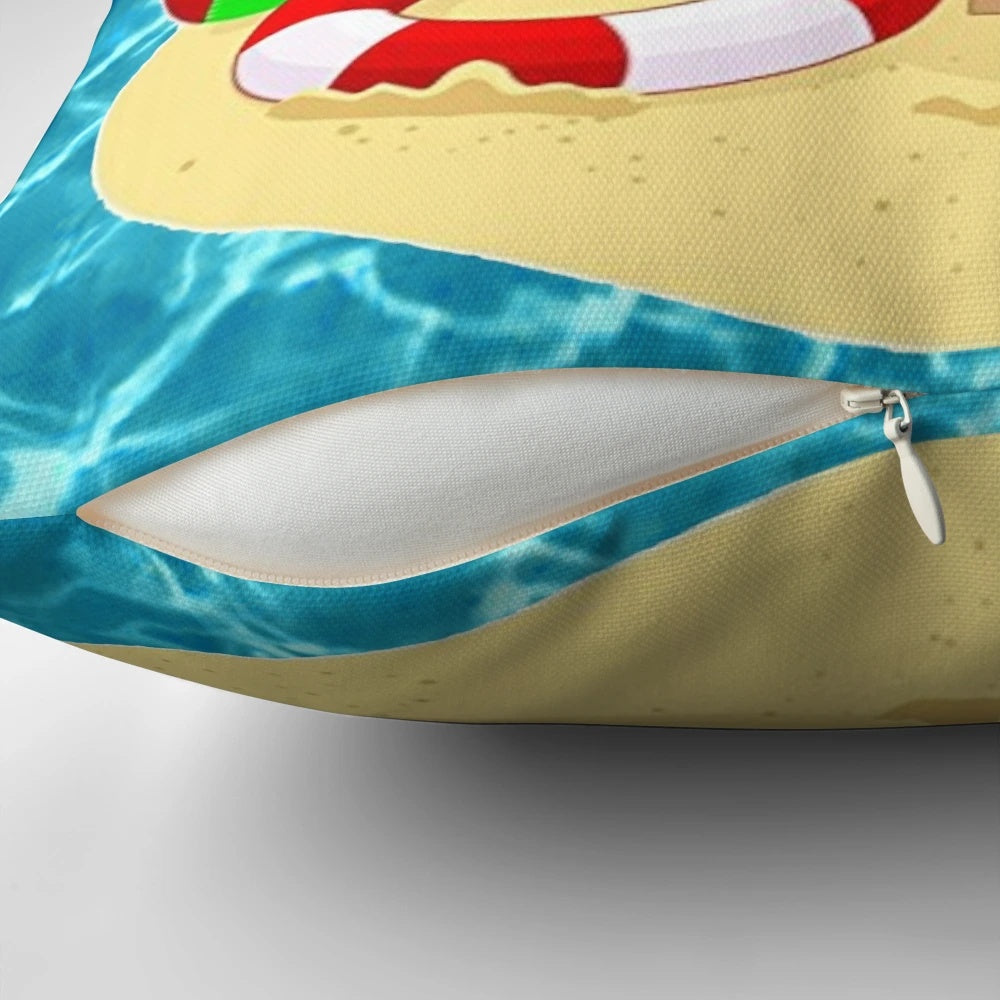 A colorful Pillow featuring a Santa Claus relaxing on a beach with palm trees and a beach ball.