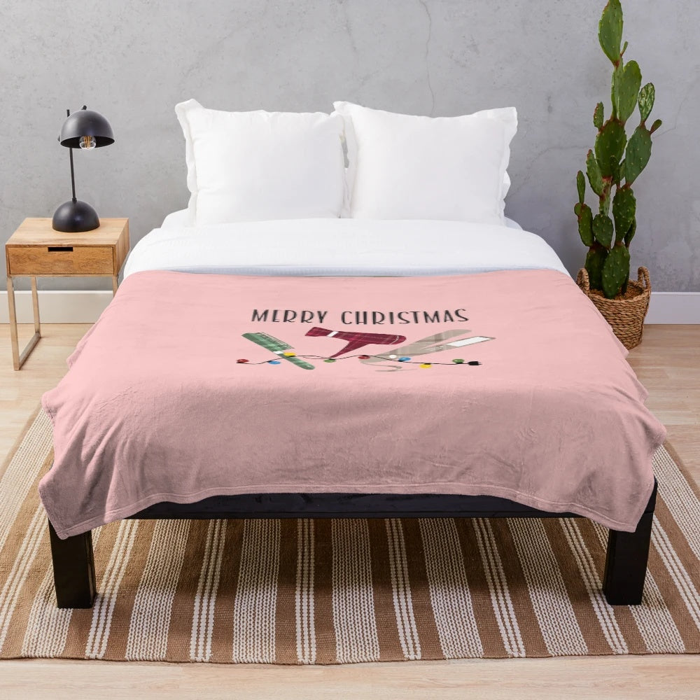 Plush blanket featuring a beauty salon and cosmetology-themed pattern with Christmas lights