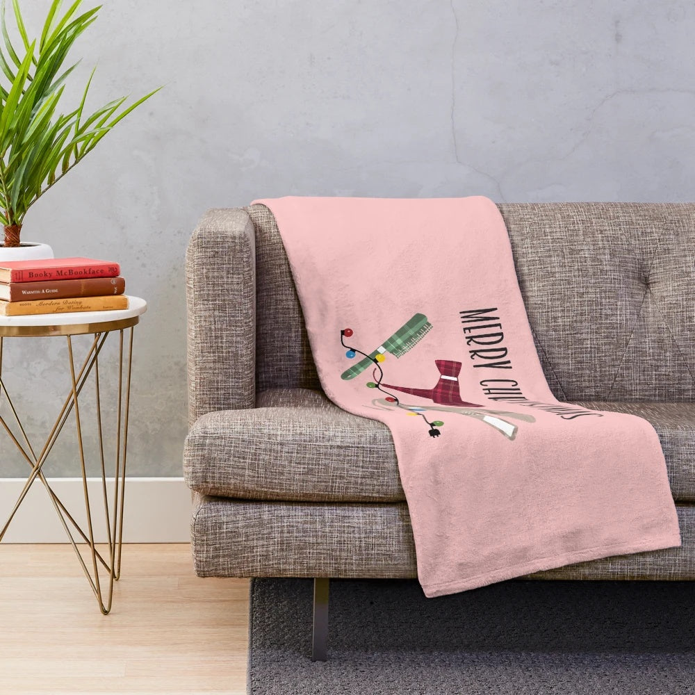 Plush blanket featuring a beauty salon and cosmetology-themed pattern with Christmas lights