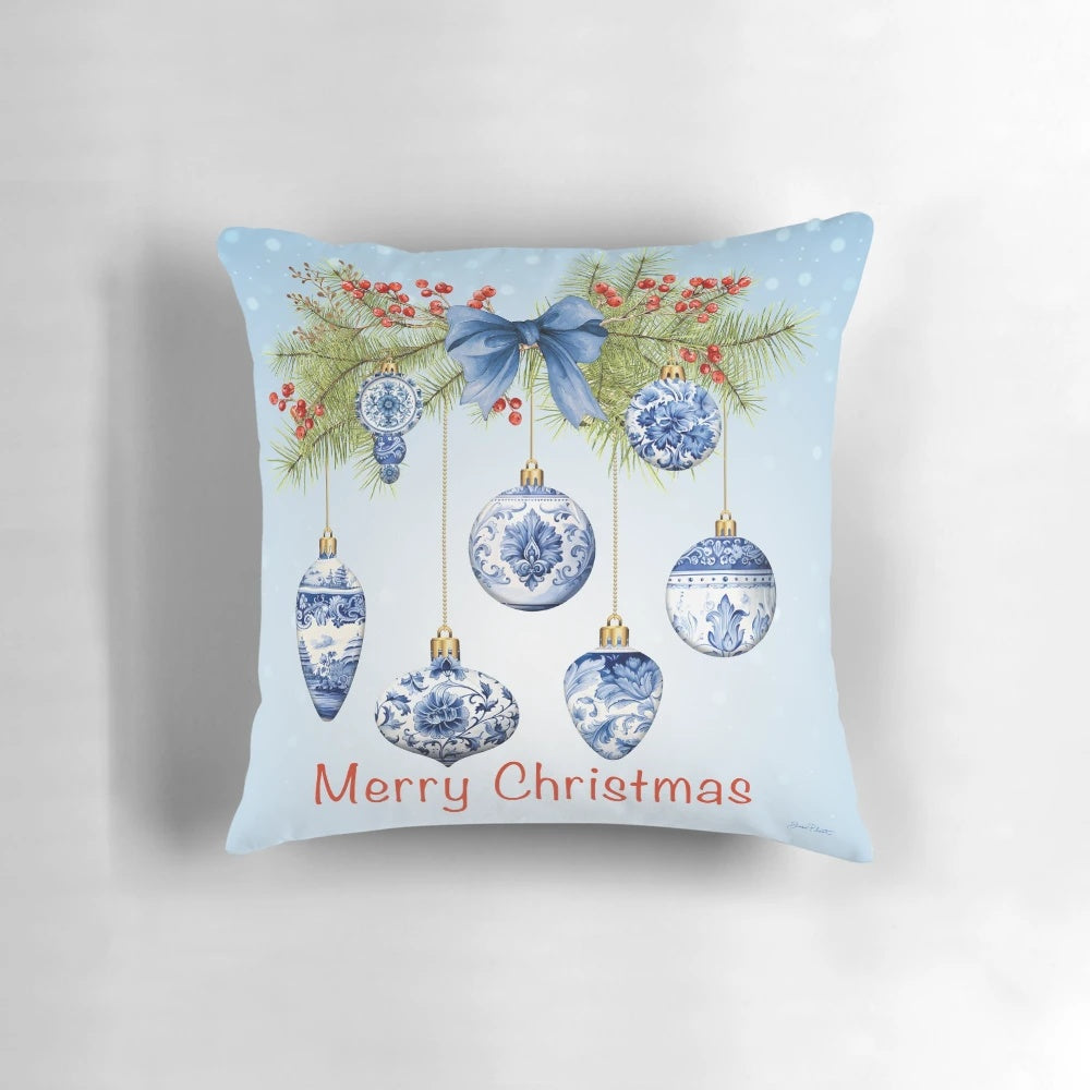 Blue Chinoiserie Christmas Ornament Pillow with Berries, Pine Branches, and Bow