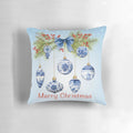 Blue Chinoiserie Christmas Ornament Pillow with Berries, Pine Branches, and Bow