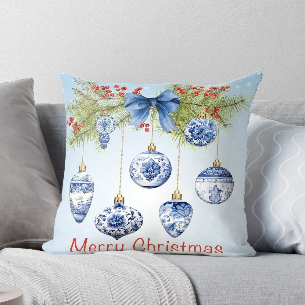 Blue Chinoiserie Christmas Ornament Pillow with Berries, Pine Branches, and Bow