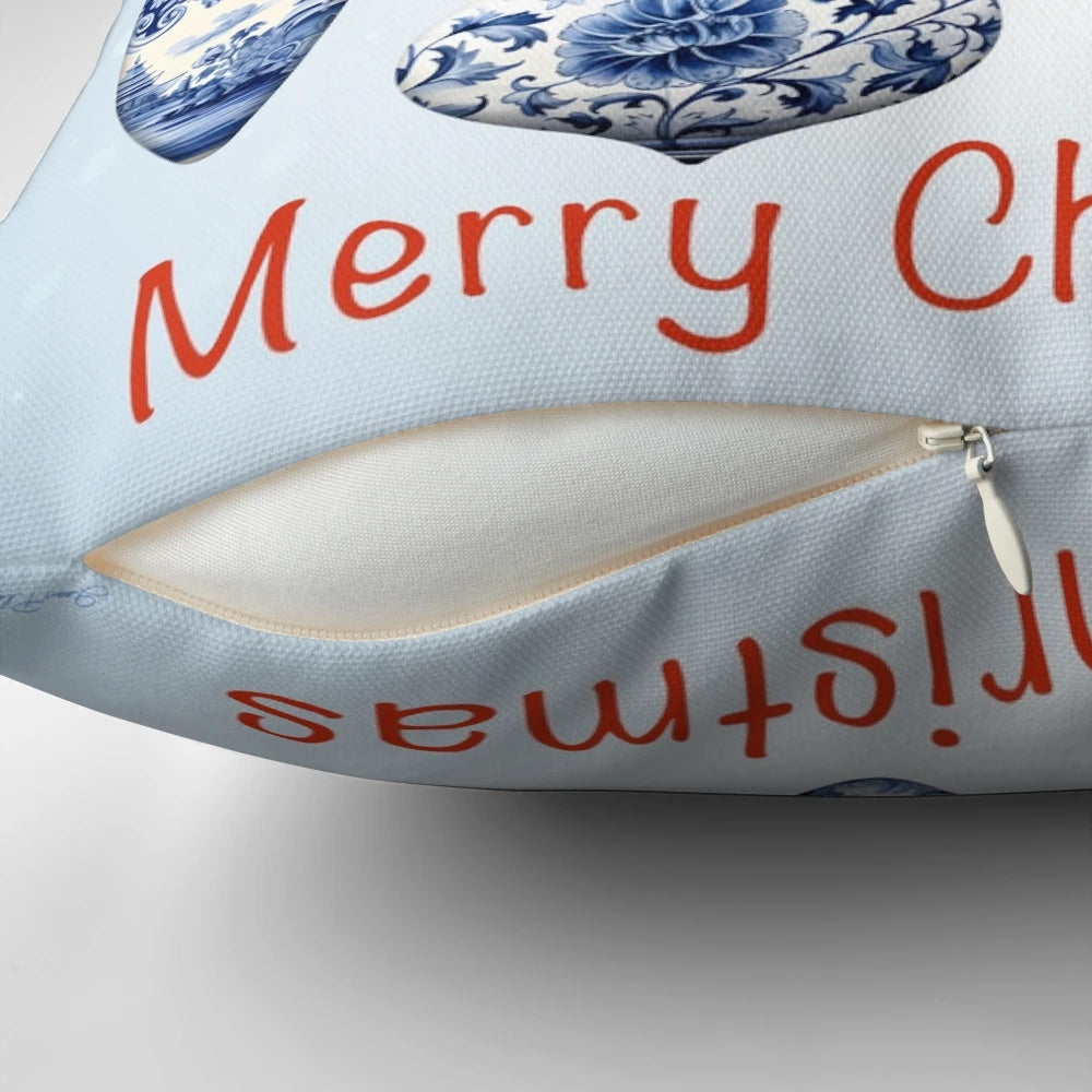 Blue Chinoiserie Christmas Ornament Pillow with Berries, Pine Branches, and Bow