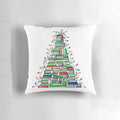 A decorative pillow featuring a stack of books arranged in the shape of a Christmas tree, perfect for book lovers during the winter holidays.
