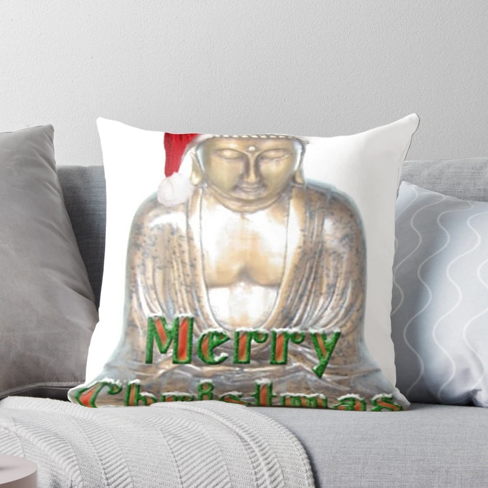 Decorative Buddha-themed pillow with Santa hat, perfect for Christmas meditation and holiday decor.