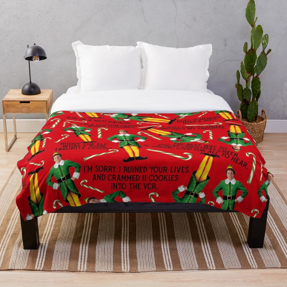 Buddy the Elf inspired plush blanket with a colorful candy cane and syrup pattern