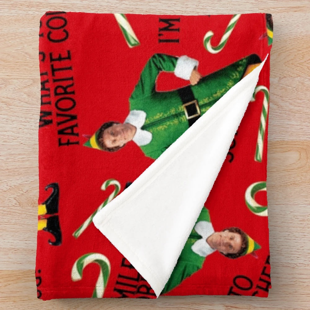 Buddy the Elf inspired plush blanket with a colorful candy cane and syrup pattern