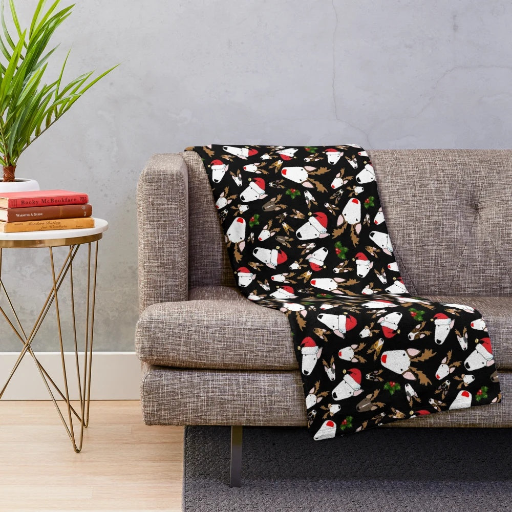 Festive bullterrier dog illustration on a plush blanket