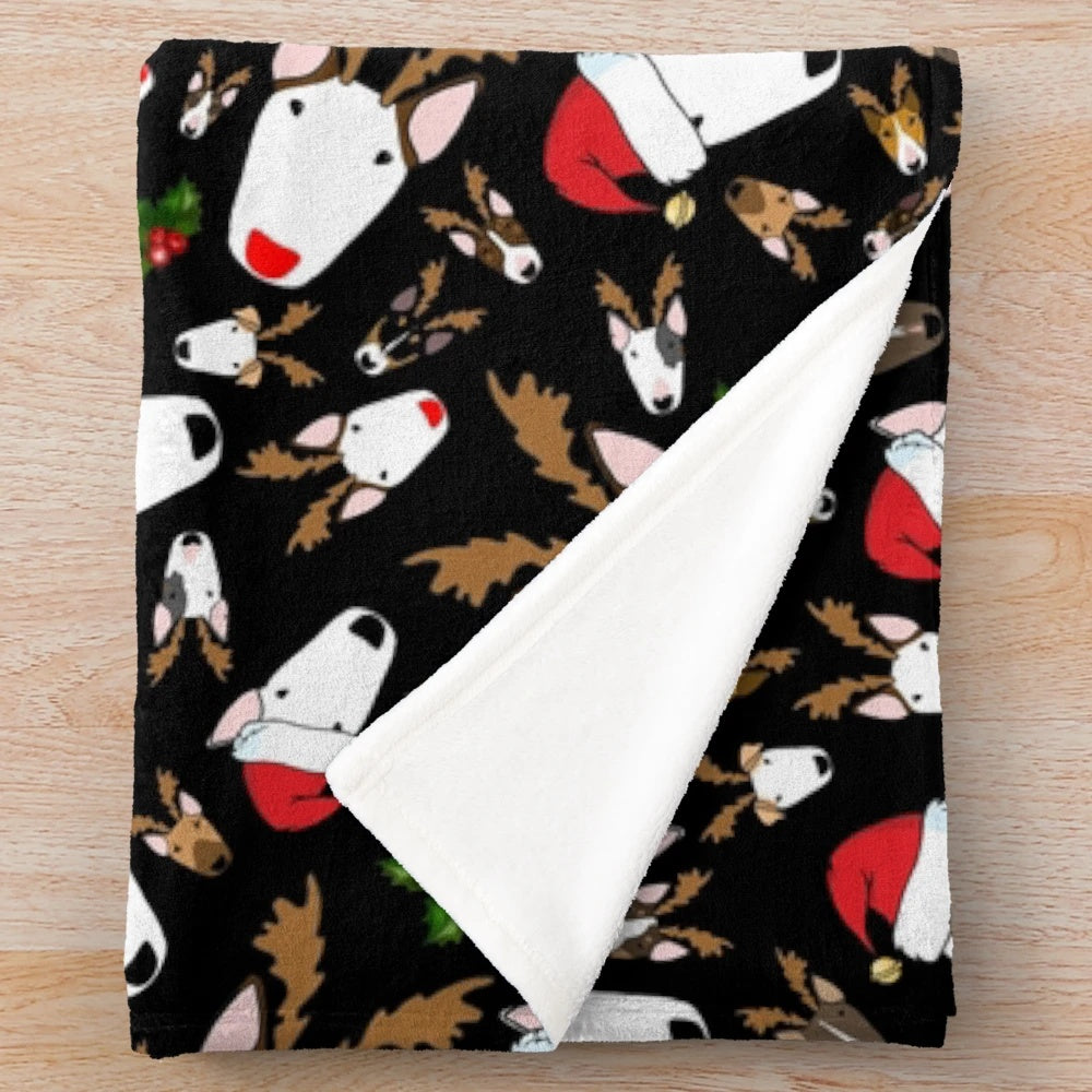 Festive bullterrier dog illustration on a plush blanket