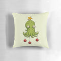 A whimsical illustration of a cephalopod creature adorning a Christmas tree, printed on a cozy throw pillow.