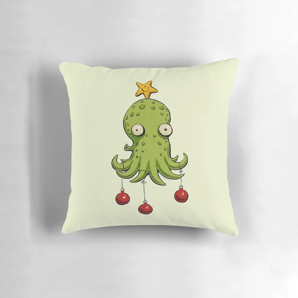 A whimsical illustration of a cephalopod creature adorning a Christmas tree, printed on a cozy throw pillow.