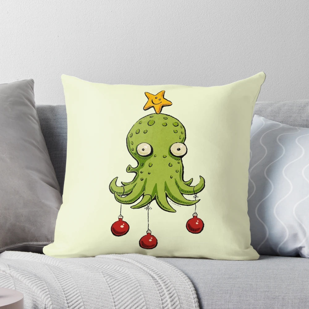 A whimsical illustration of a cephalopod creature adorning a Christmas tree, printed on a cozy throw pillow.